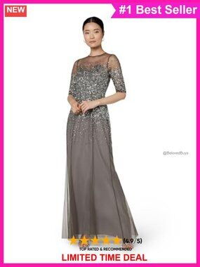 Beaded Illusion Gown 3/4 Sleeve Sequin Tulle Formal Dress